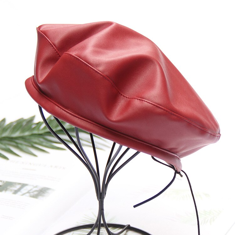 Women Autumn Ainter Pu Leather Solid Berets Hat Female Girls Outdoor Travel Leather Beret Vintage French Hat Baret: Red