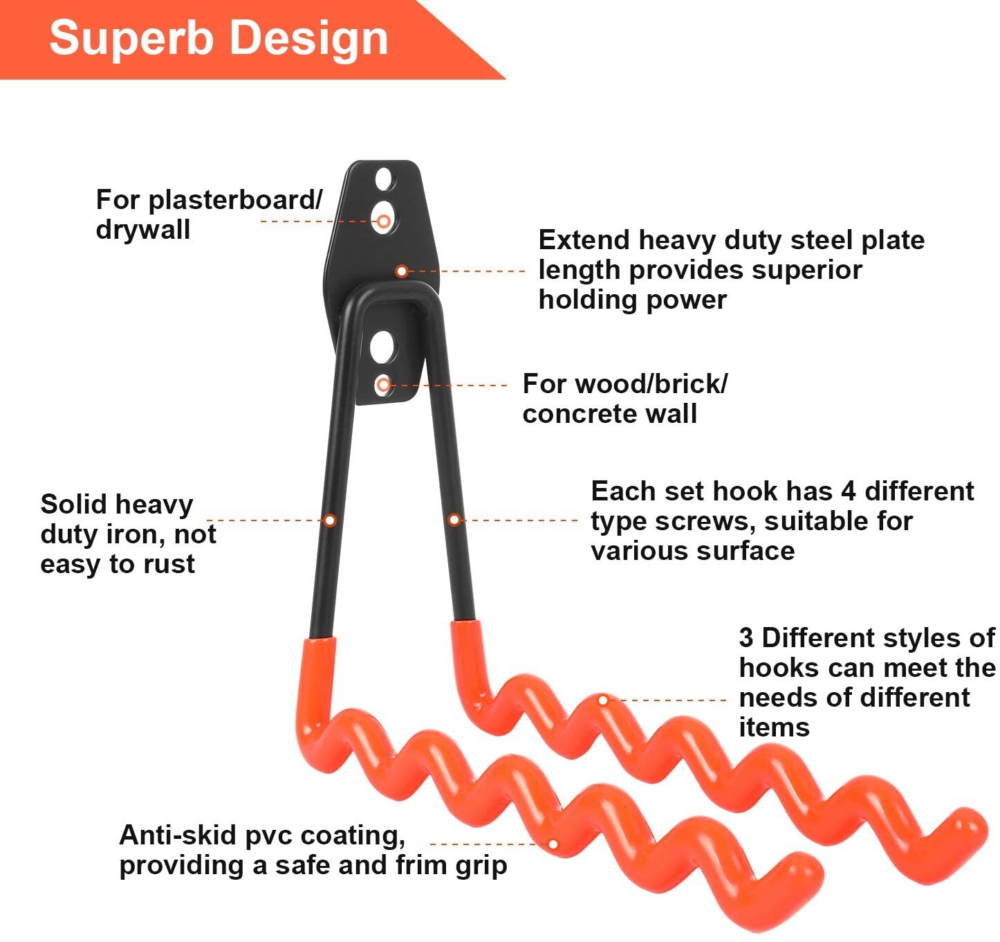 Heavy Duty Metal Hook Garage Storage Hook Organizer Wall Mount Anti-slip Storage Bicycle Hanger Hooks For Ladders Garden Tool
