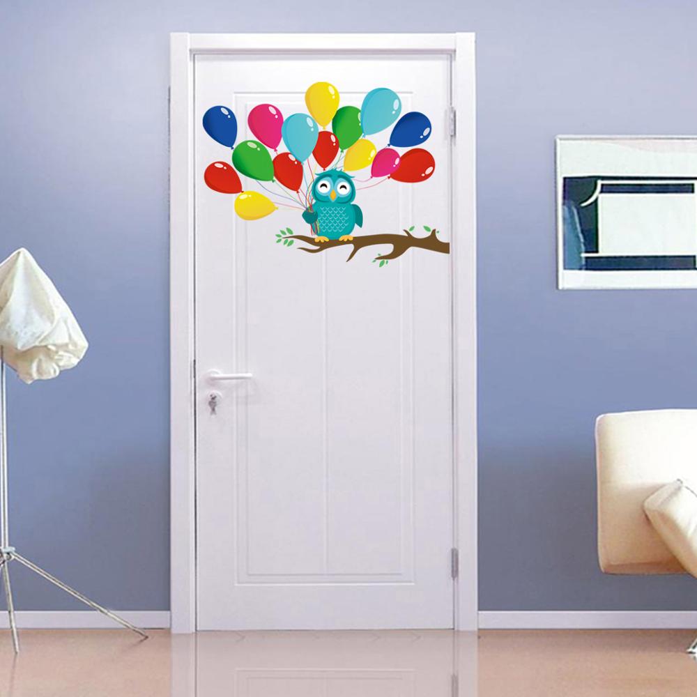 Autocollant de dessin animé branche d&#39;arbre hibou, arrière-plan avec ballons, décor de chambre à coucher pour enfants, Stickers artistiques muraux pour porte, papier peint de pépinière