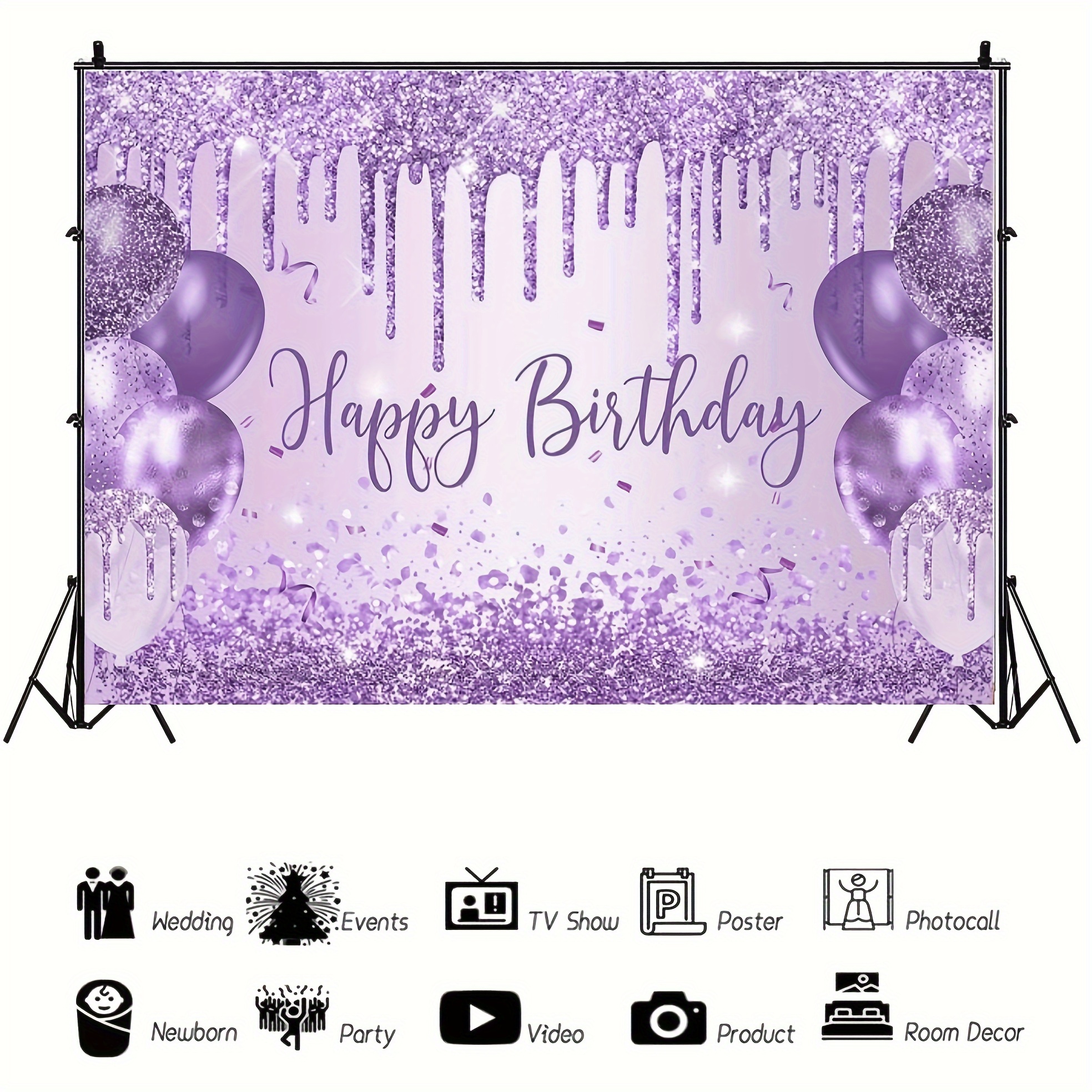 Purple glitter birthday background with balloons and "Happy Birthday" text - perfect for party decorations