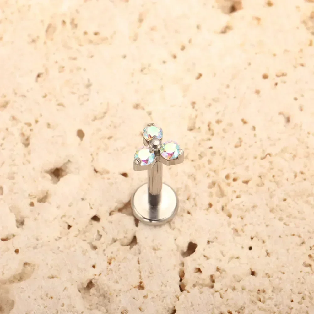 ASTM F136 Titanium Trinity Piercing Zirconia Paved Top Threaded Labret Studs Tragus Earrings Lip Tongue Stud Piercing Jewelry