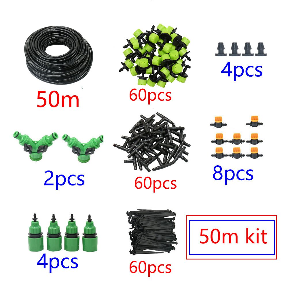 Sistema de riego por microgoteo automático para jardín, kit de autoriego por aspersión de 8 agujeros con gotero verde ajustable, 5-60M, 1/4 pulgadas: 50m