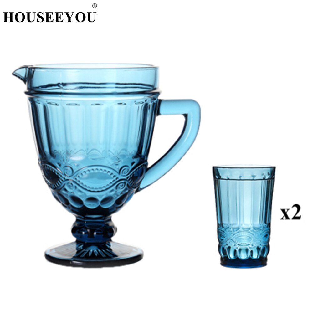 Houseeyou 1pc koldtvandskande  + 2 stk udskåret glaskop europæisk retro krystalvand vinkop drikkebar restaurantværktøj: Blå blomster