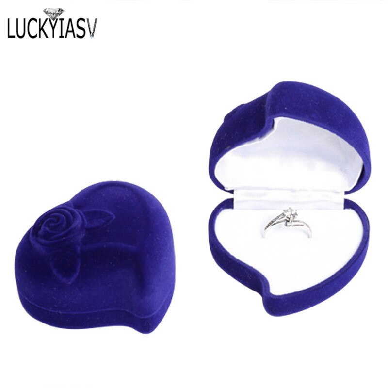 8 Kleur Hartvorm Fluwelen Ring Box Engagement Bruiloft Sieraden Dozen Rose Bloem Houder Voor Lover: Blue and white