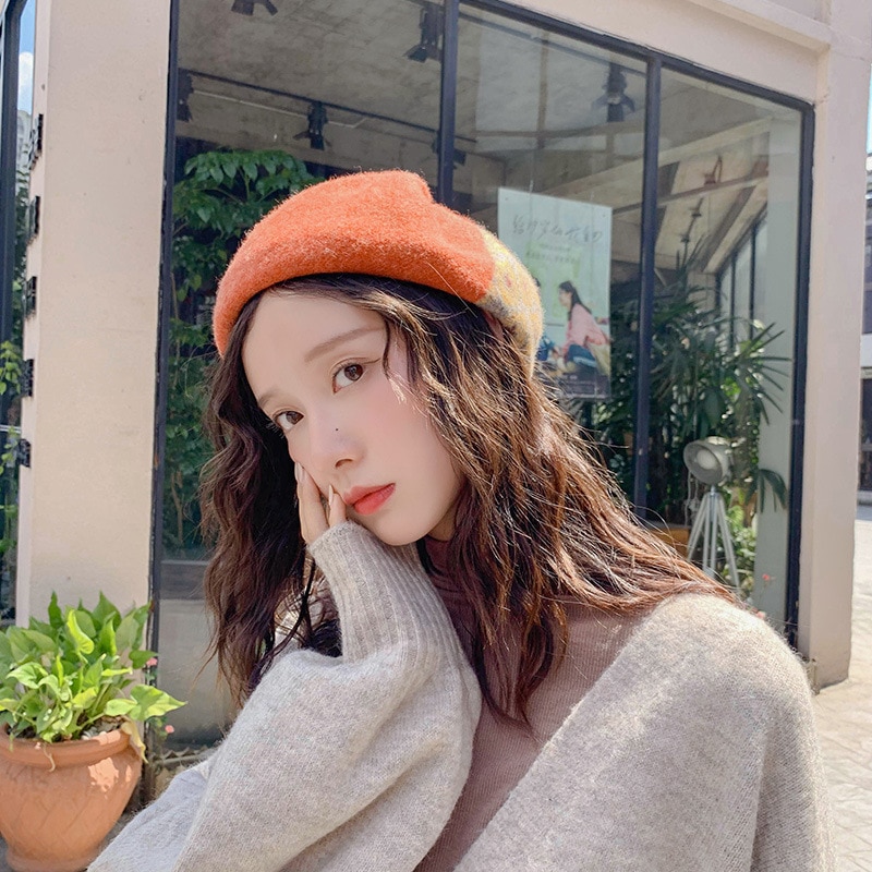 Gorros de invierno para mujer, gorros de lana estilo británico Vintage para chica, sombrero de pintor artístico para mujer, gorro octogonal de lana de otoño e invierno con retazos