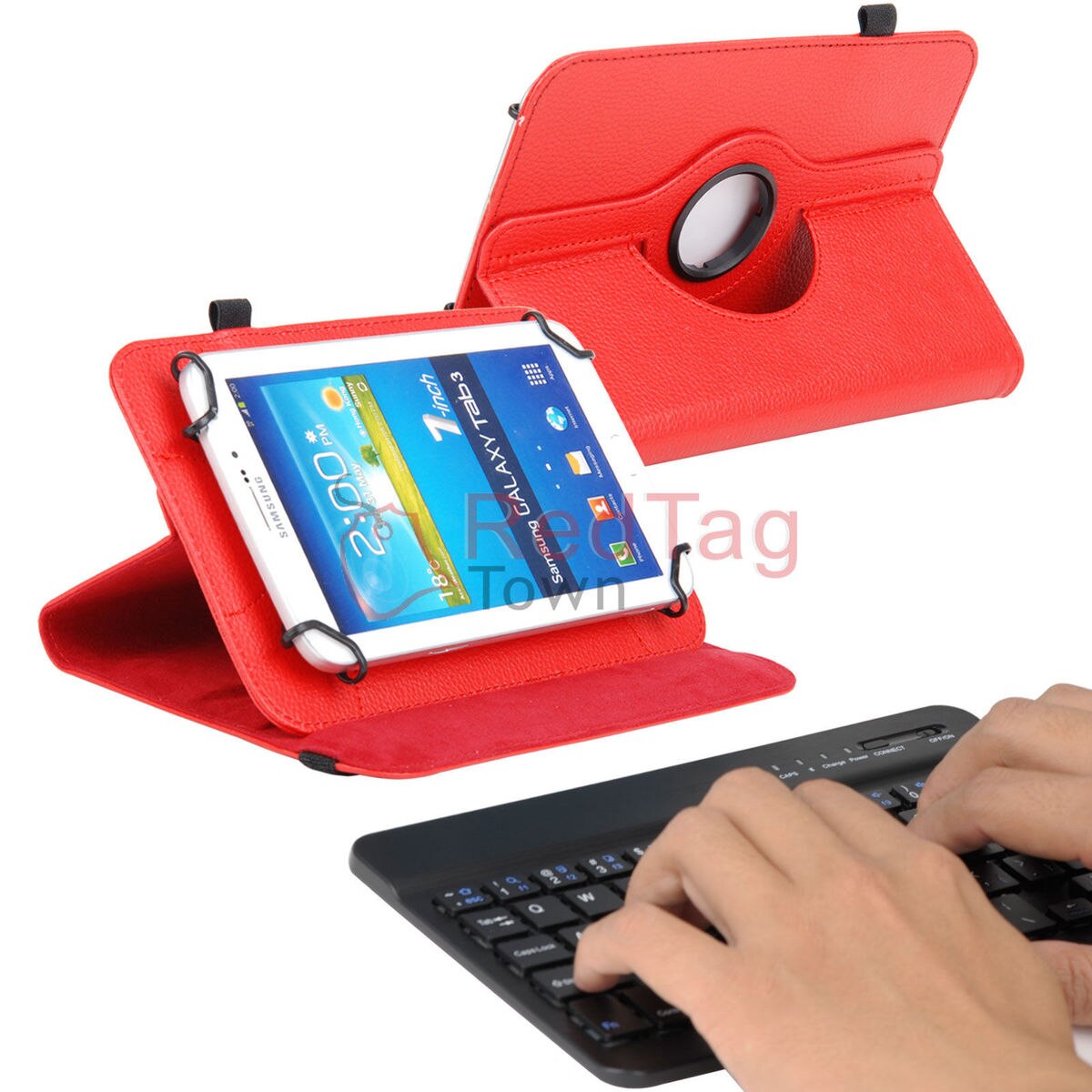 Rotating PU Leather Case with Bluetooth Keyboard for 7" RCA 7 Voyager II 2 / Pro Tablet Stands: Red