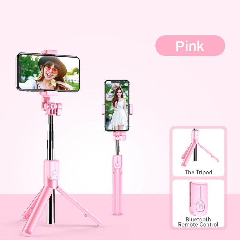 Wireless Bluetooth Compatible Selfie Stick with Led Ring Light Foldable Tripod Monopod For iPhone Xiaomi Huawei Android Tripod: Pink no light