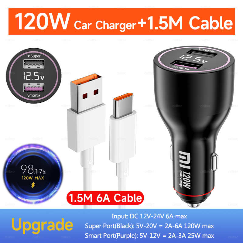 120W Xiaomi USB Type C Car Charger 67W 6A Turbo Fast Charging Adapter For Mi 14 13 13T 12 Pro Redmi Note K60 IPhone 16 15 Charge