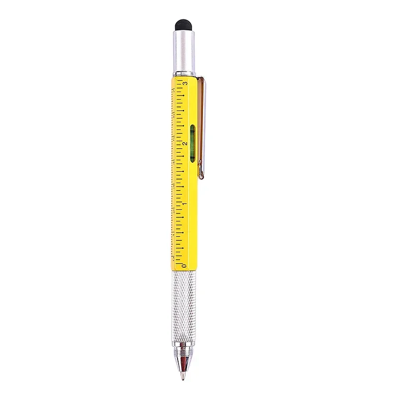 7 in1 Multifunction Ballpoint Pen With Modern Handheld Tool Measure Technical Ruler Screwdriver Touch Screen Stylus Spirit Level: Yellow