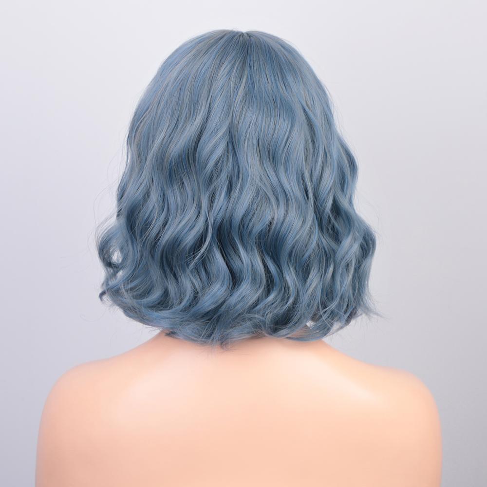 Aisibeauty pastel ondulado peruca com franja de ar feminino curto bob rosa peruca encaracolado ondulado ombro comprimento cosplay peruca para a menina 30cm azul: ws793-lan