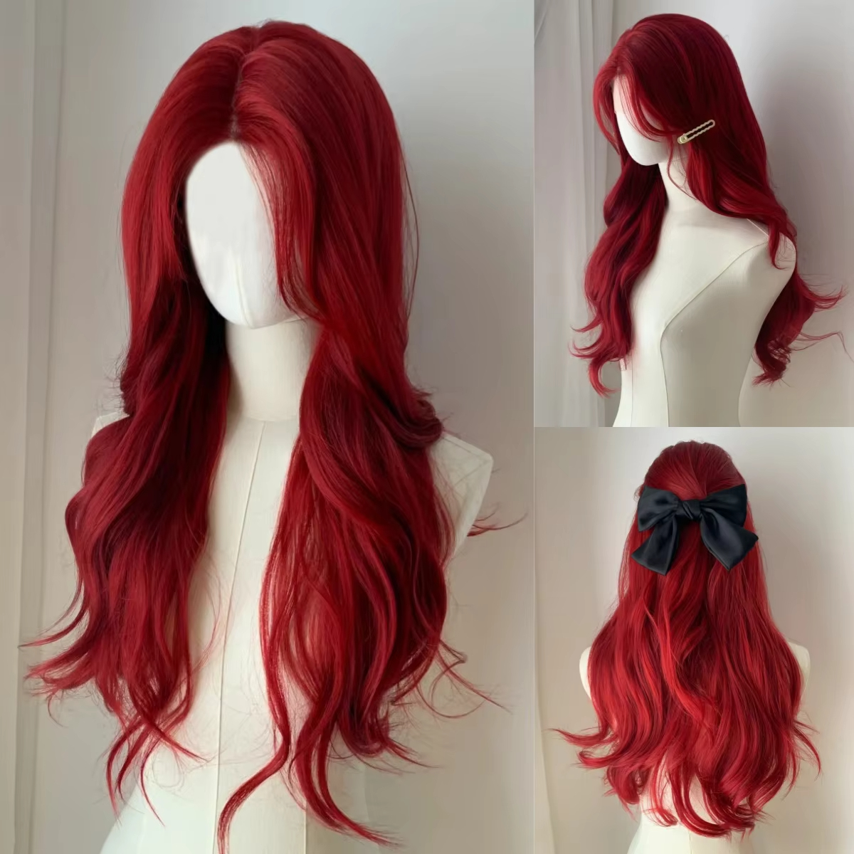 wine red Wave synthetic wig Long body wave red natural wig middle part of Cosplay Halloween smooth fiber wig for women