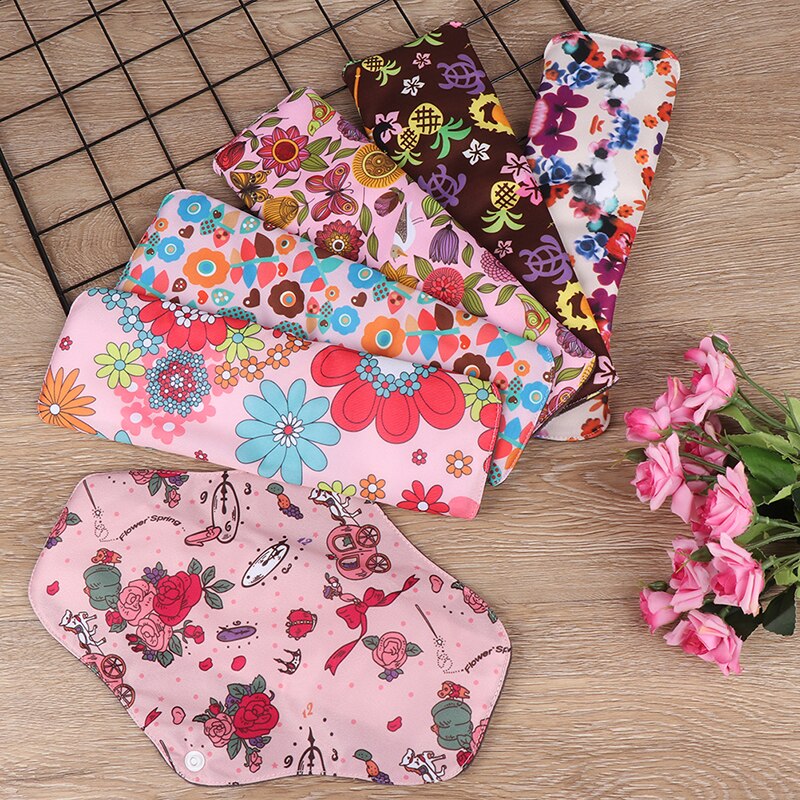 Almohadillas reutilizables impermeables para momia, almohadillas menstruales de tela Interior de lana de carbón de bambú impresas con flores para mujer