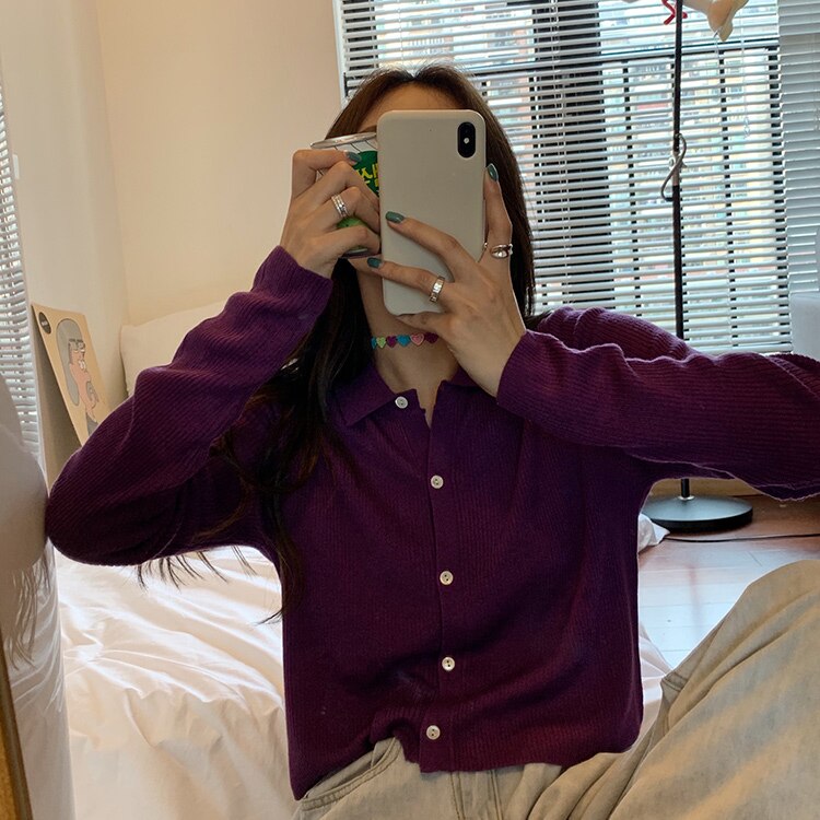 Polo col Cardigan veste femmes tricoté printemps coréen tricot Cardigans culture tricoté doux pull pour les femmes