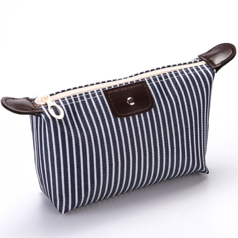 Foldable Stripes Women Travel Toiletry Make Up Cosmetic pouch bag Clutch Handbag Purses Case Makeup Bag Organizer: navy blue