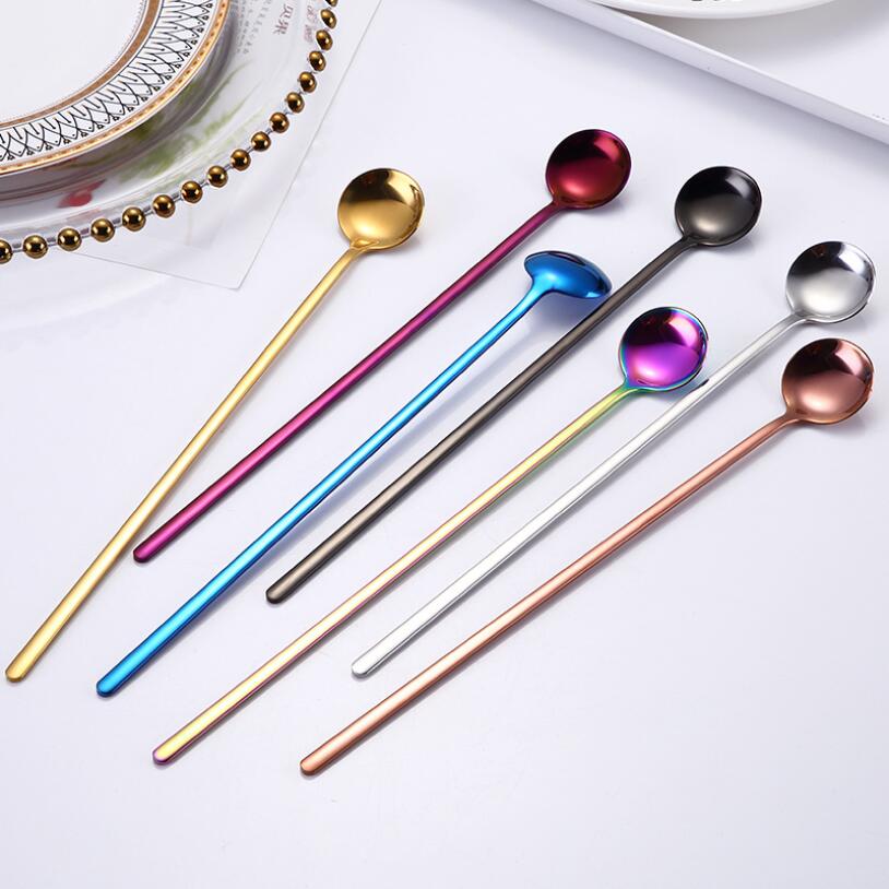 Long Handle Small Coffee Spoon Smoothie Ice Mixing Scoop 304 Stainless Steel Milk Tea Bar Spoon