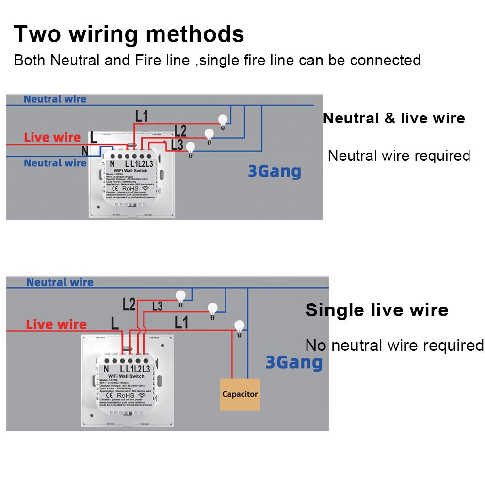 Upgraded EU WiFi Smart Light Touch Switch No Neutral Wire Required Smart Life Tuya APP control Alexa Google Home 1/2/3 Gang