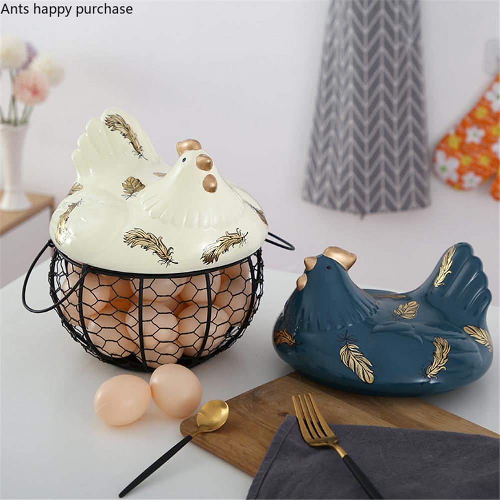 Metal Wire Egg Storage Basket With Ceramic Chicken Durable Large Capacity Top Handles Fruit Snacks Organizer Kitchen Decoration