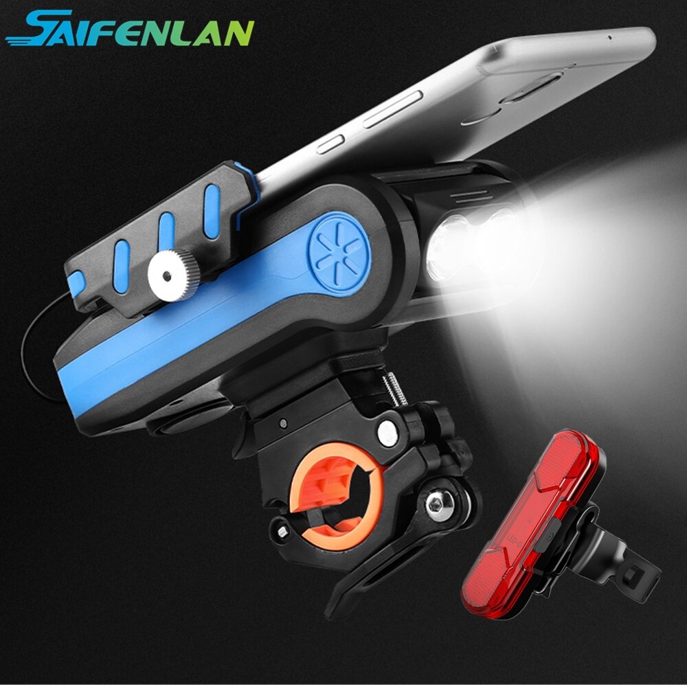 Multifunctional Bicycle Headlight4000mAH Mobile Phone Rack Holder 2x T6 LED 550LM Alarm Bell Horn MTB Mountain Bike Front Flashl
