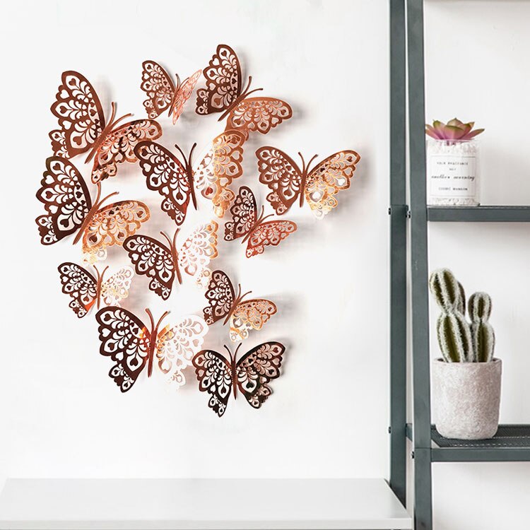 12pcs/set 3D Hollow Butterflies Wall Sticker for Home decoration Living room bedroom for Party Wedding decor Butterfly stickers: Rose gold H