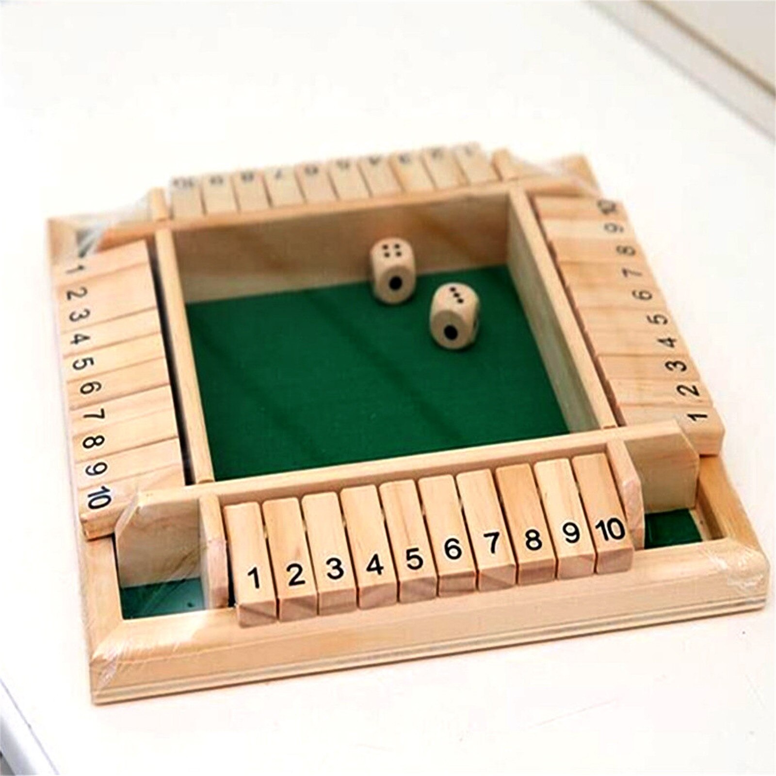 Shut The Box Dice Board Game 4 Sided 10 Number Wooden Flaps & Dices Game Set for 4 People Pub Bar Party Supplies