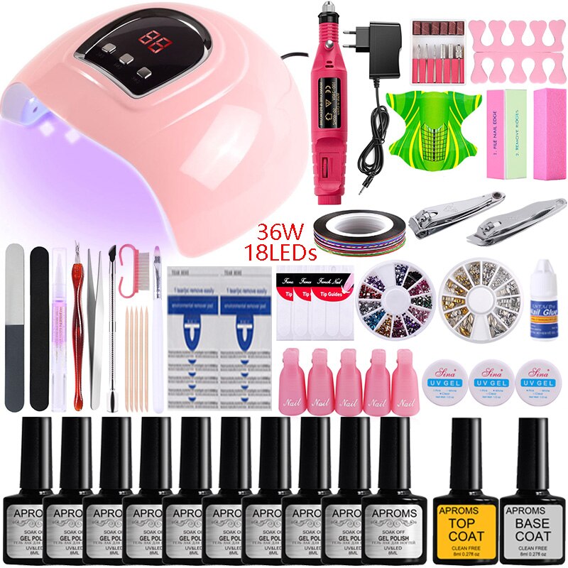 Manicure set nail kit 40/30/20/10 nail gel polish nail set electric nail drill machine pro uv led nail lamp dryer nail salon kit: 10 gel -36w x4