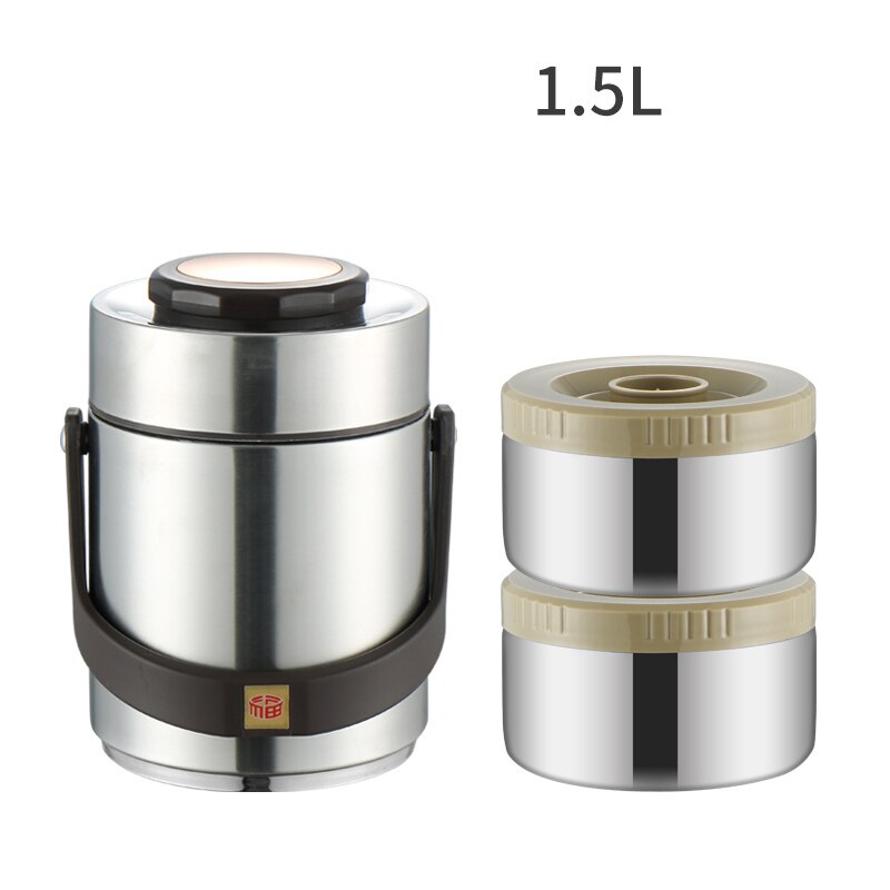 Portable Large Capacity 304 Stainless Steel Vacuum Insulation Bento Lunch Box Leak-Proof Food Storage Container Outdoor Thermos: Silver-1.5L