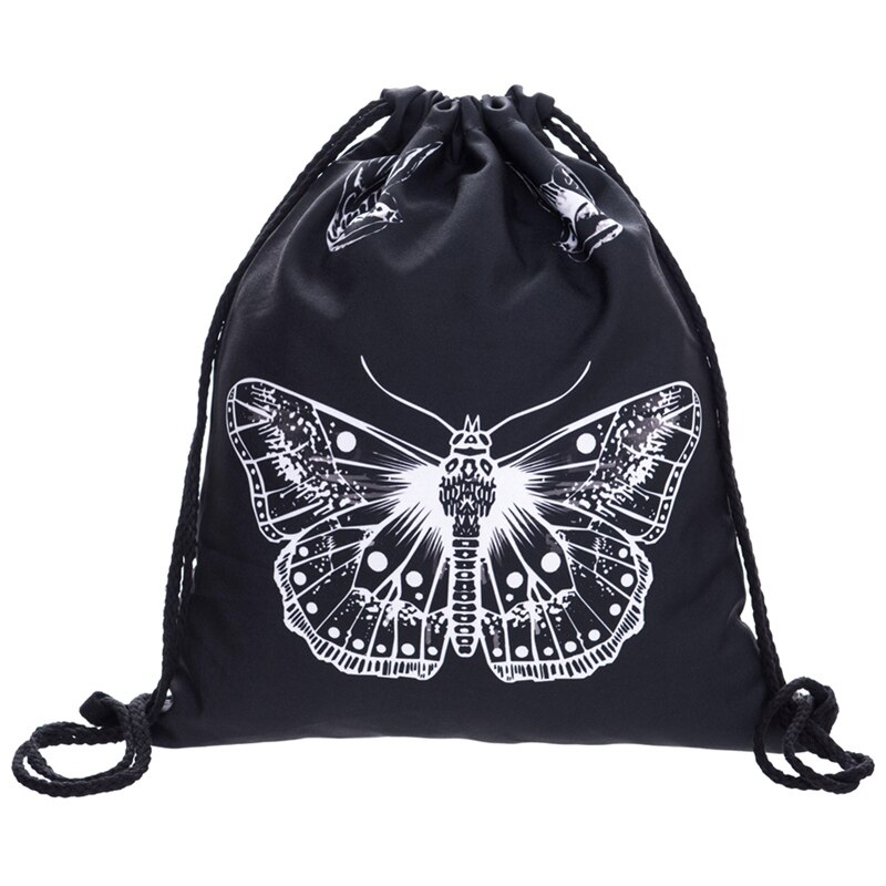 Butterfly TATOO Black Drawstring Bag Casual Mochila Cuerda Out Door Drawstring Backpack Women Men Modis String Bag Girl: Default Title