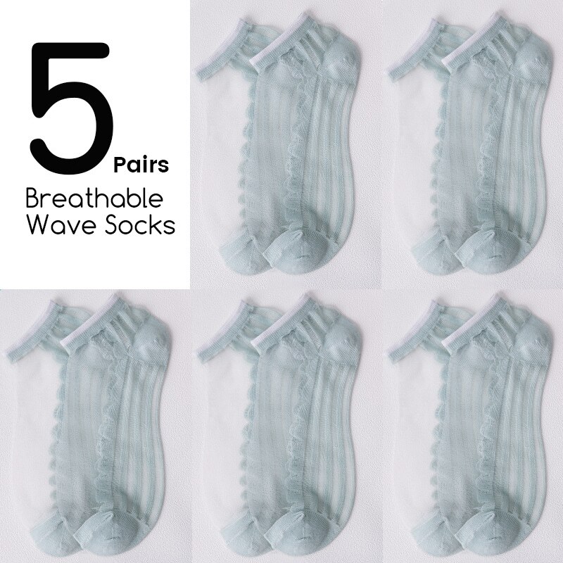 5Pairs/Lot Women Socks for summer Ultra-thin Transparent Cass Glass fiber Silk Socks daisy Flower Japan Ankle Socks: 383-wave