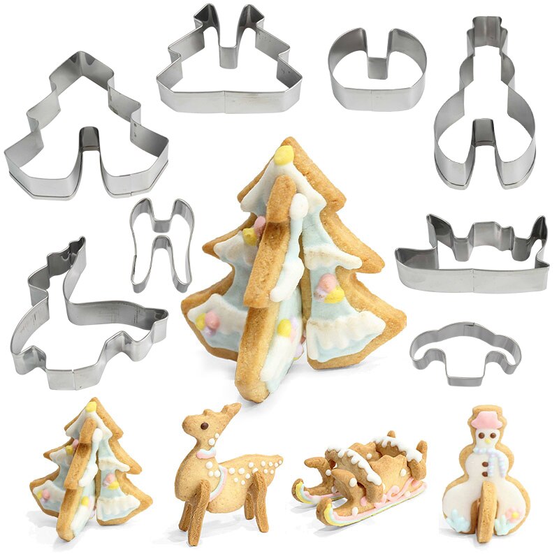8pcs 3D Christmas Tree Deer Snowman Shape Cookies Cutter Set Stainless Steel Cookie Stamp Fondant Cutter Cake Mold Baking Tools