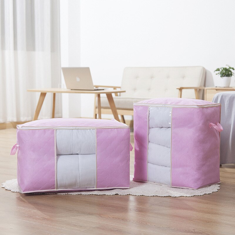Foldable Storage Bag Home Non-woven Fabric Zipper Blanket Quilt Storage Organizer Bedroom Clear Closet Organization for Clothes: Pink / 60x42x36cm