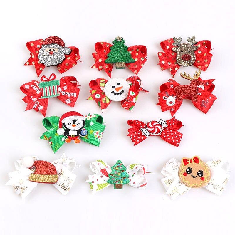 OPPOHERE Cute girl Christmas Bows Hair Clips style Glitter Elk Santa red Colors Hairpin For Kids Festival