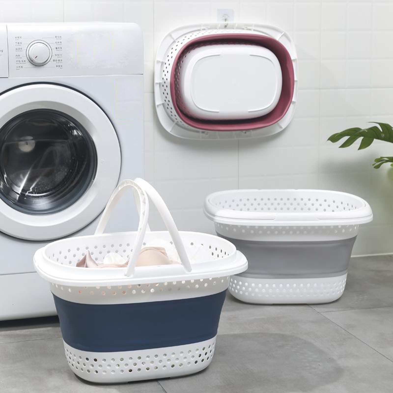Collapsible Handled Plastic Laundry Basket-Foldable Up Storage Container-Space Saving Basket