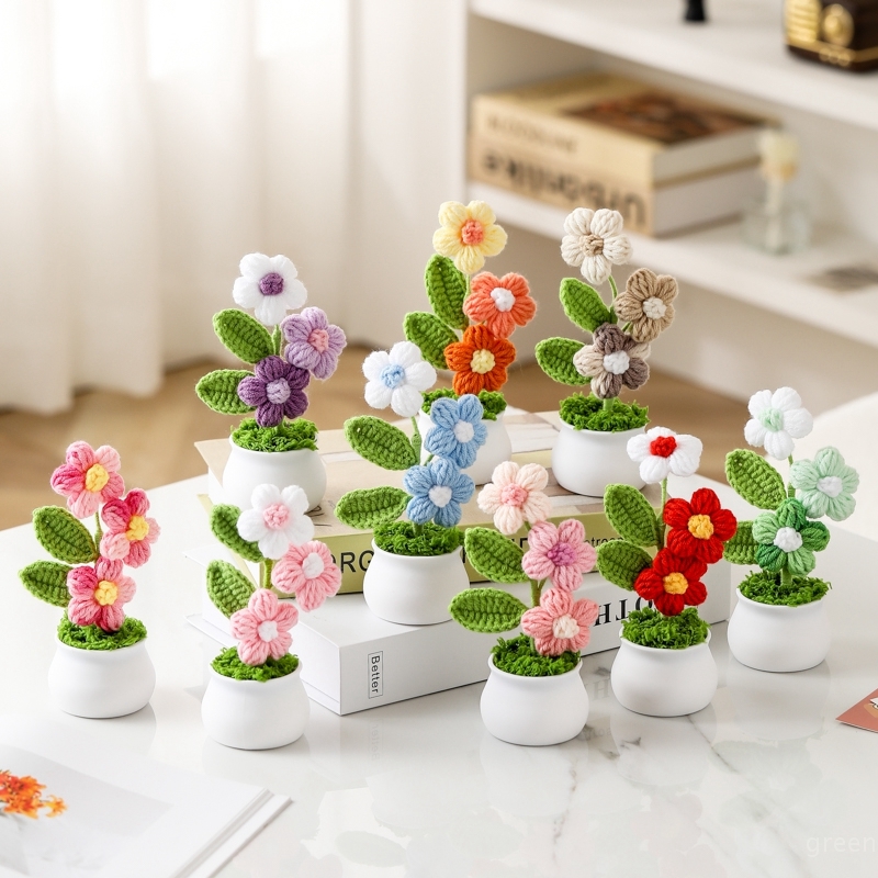 Plantas en macetas pequeñas de ganchillo hechas a mano, bonita flor de simulación, decoración Interior de escritorio para oficina y coche, de flores artificiales