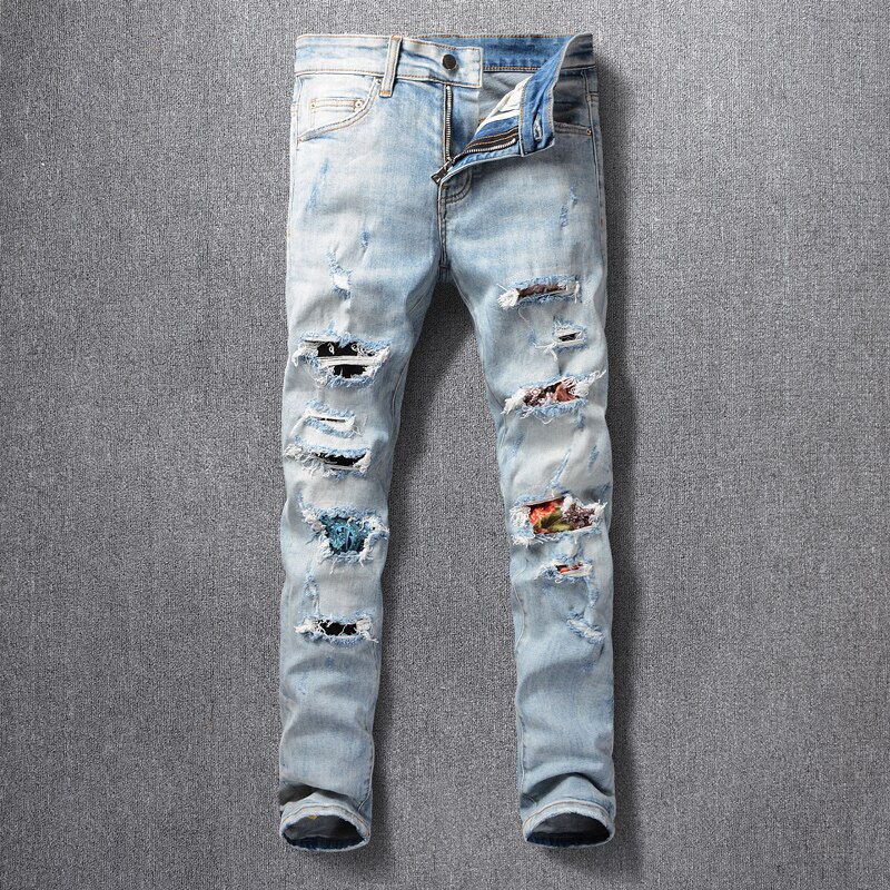 American streetwear mænd jeans lyseblå patches ripped jeans elastisk slim fit hip hop bukser homme