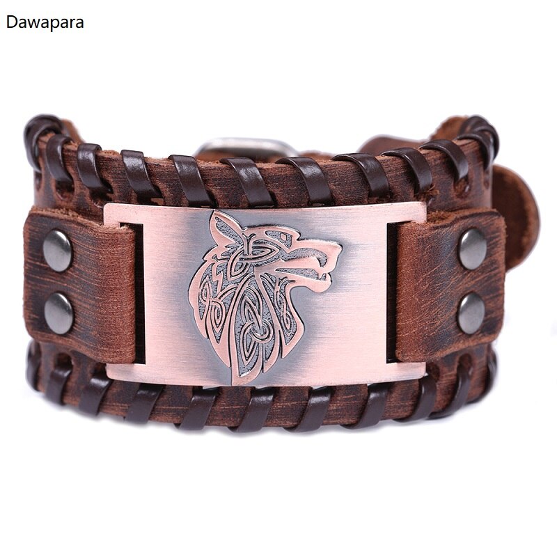 Dawapara Viking Wolf Hoofd Armband Voor Mannen Badge Charm Punk mannen Zwart Lederen Armband Brede Leren Armbanden Voor Vrouwen: Copper and Brown