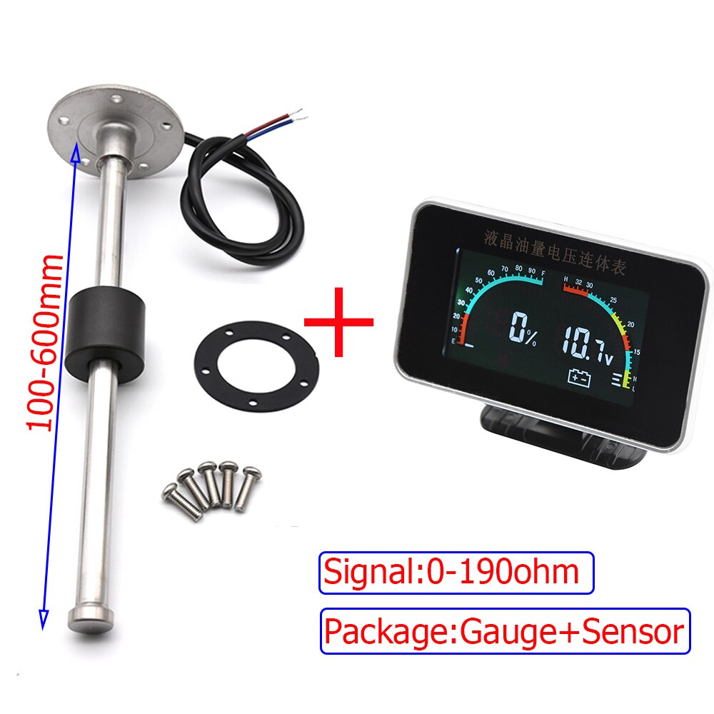 2 In 1 LCD Fuel Gauge Voltmeter with Fuel Float Sensor 0-190ohm for 12V Car Truck Motorcycle Oil Tank Level Sensor 100-600MM