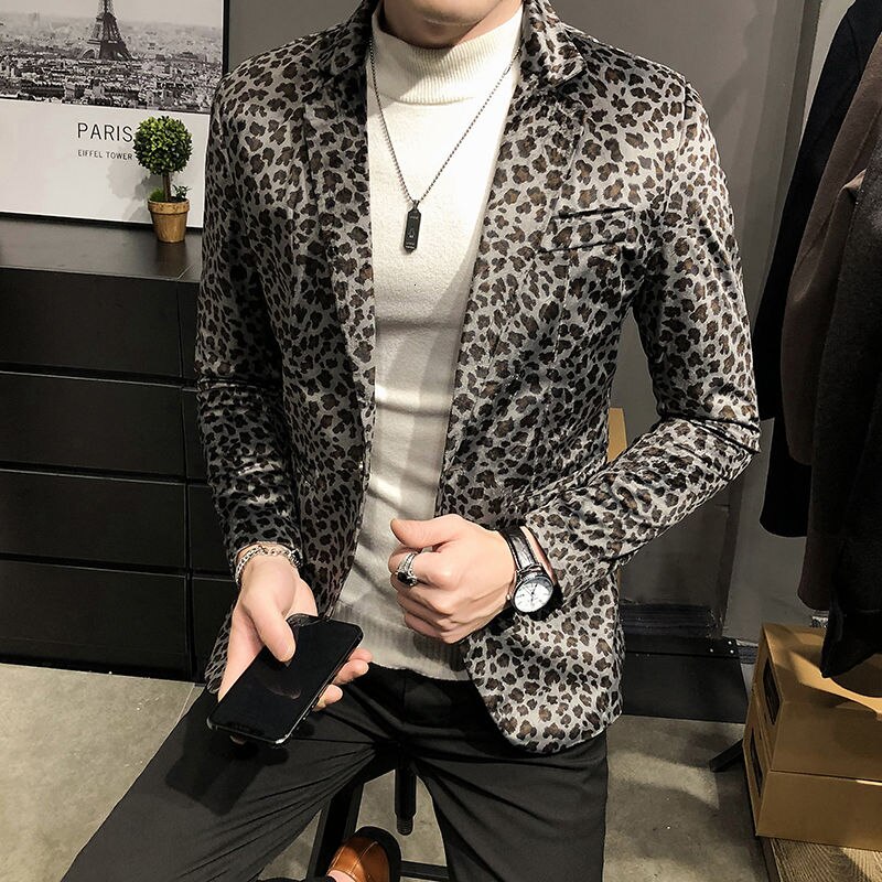 Leopard Print Suit Jacket Men Casual Slim Men amp Clothing Velvet Blazer Nightclub Dance Party Clothing: black / Asian M 48-52KG