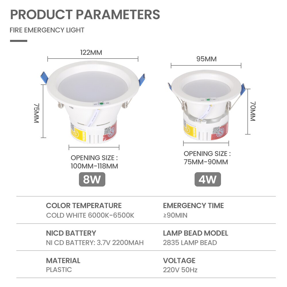 LED Spot Light AC220V 4W/8W Fire Emergency Light Emergency Night Lamp Battery LED Spotlightings Downlight for Indoor Bedroom