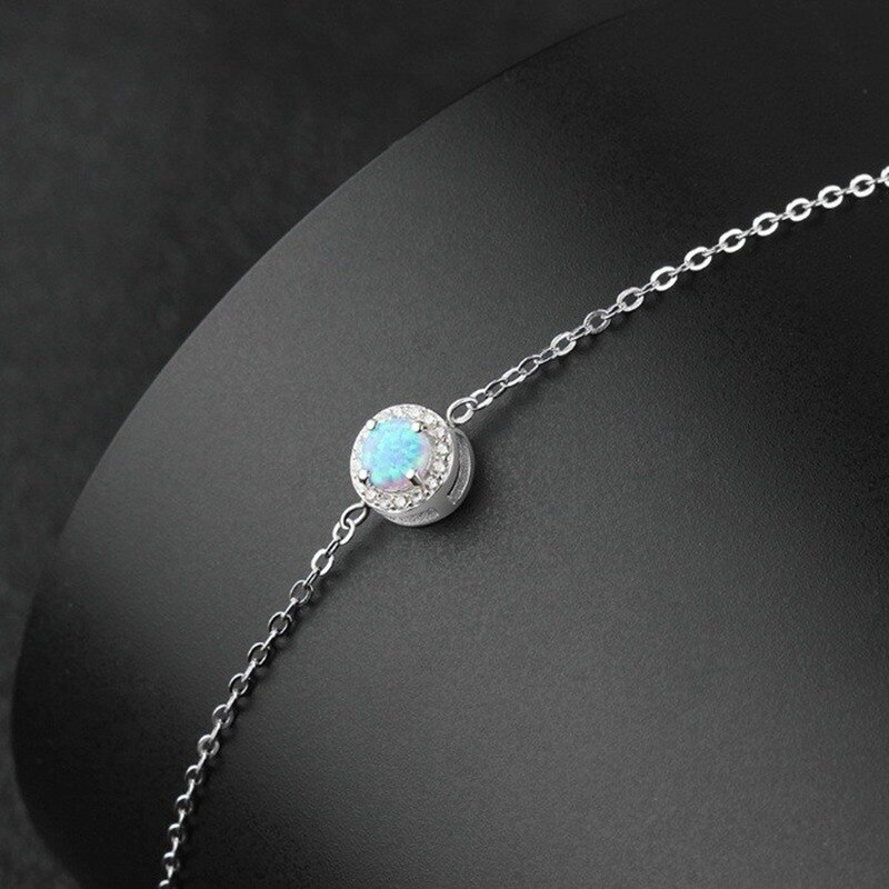 Romantic Round Blue Opal Chain Bracelets Women Cubic Zirconia Fine Jewelry
