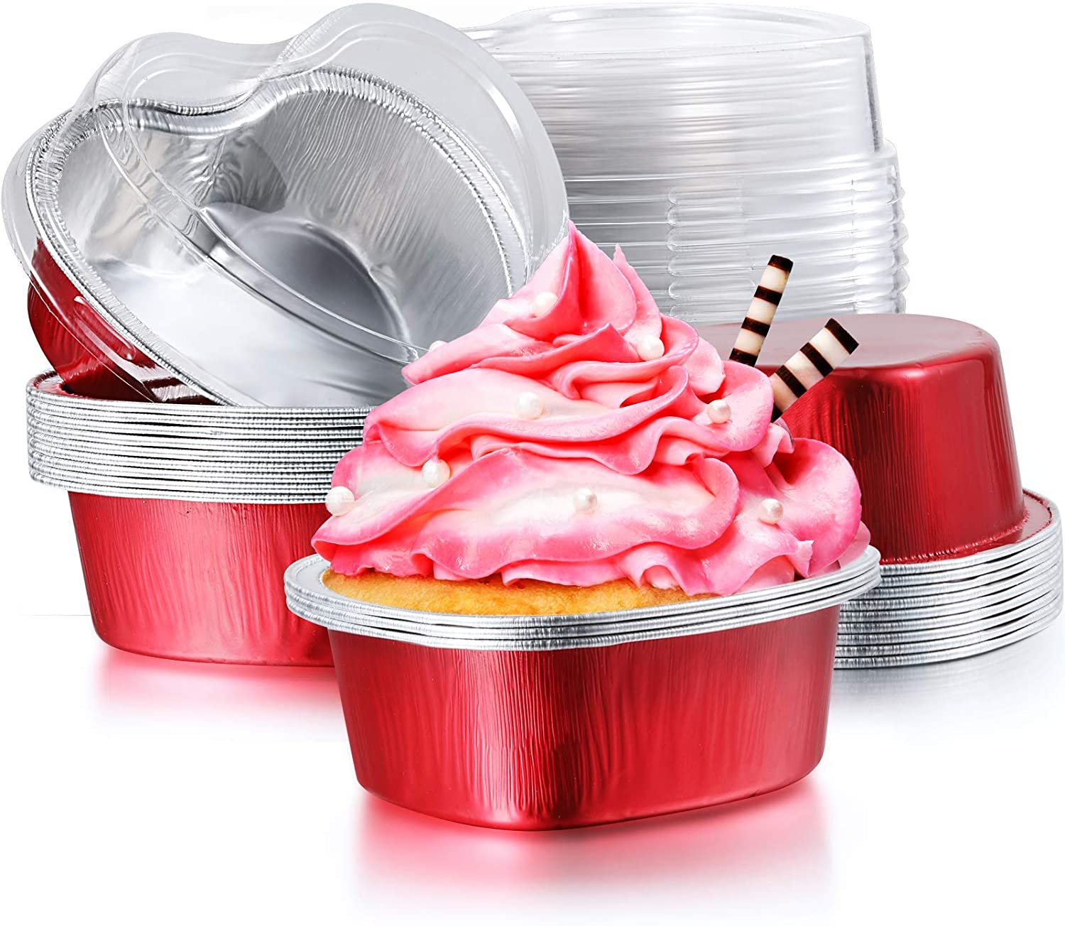Aluminum Foil Cake Pan Heart Shaped Cupcake Cup with Lids 100 ml/ 3.4 Ounces Disposable Mini Cupcake Cup Flan Baking Cups for Va: red