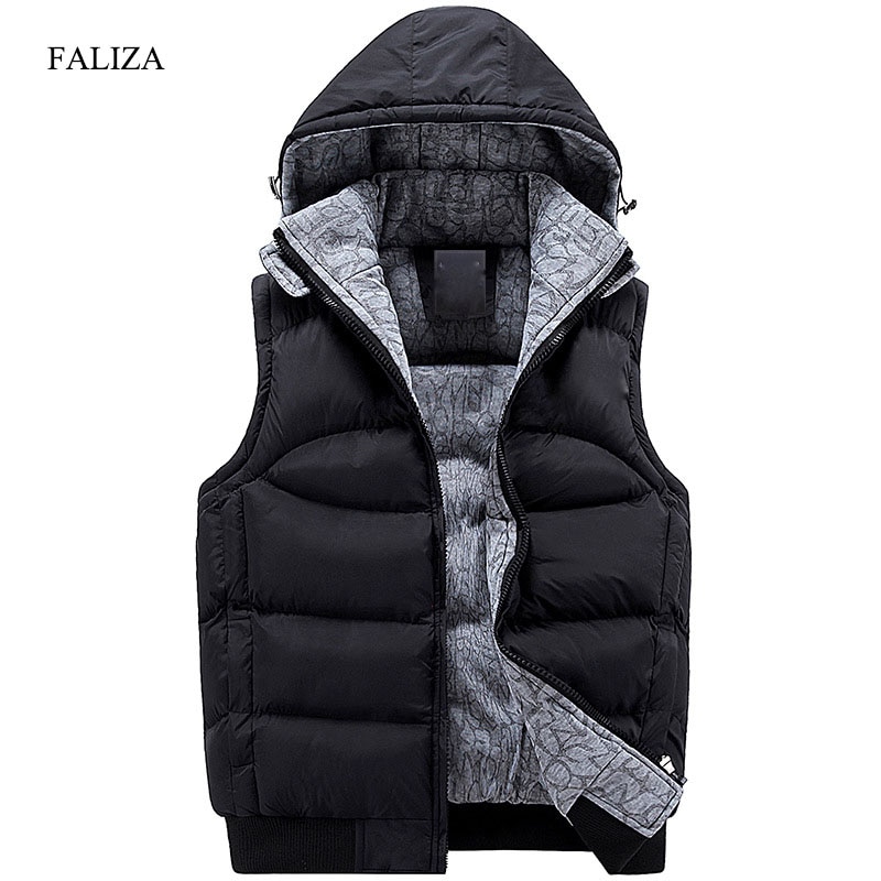 FALIZA Neue Stilvolle Herbst Winter Weste Männer Haube Warme Ärmellose Jacke Dicke Weste Männlichen Windschutz MJ-C