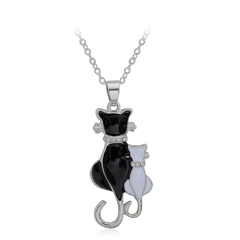 Mooie Kat Poot Zwart Wit 2 kat Op Hart Kristal hanger Ketting Voor Vrouwen Meisje Beste Vriend Kleine Kat Sieraden: XL037