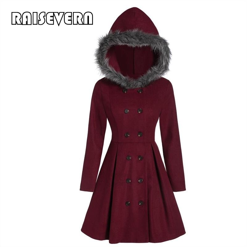 Middeleeuwse imitatiebont wollen jas met capuchon voor dames, winterjas, zwarte staande kraag, gothic jas, winterjas met dubbele rij knopen, gothic lange jas