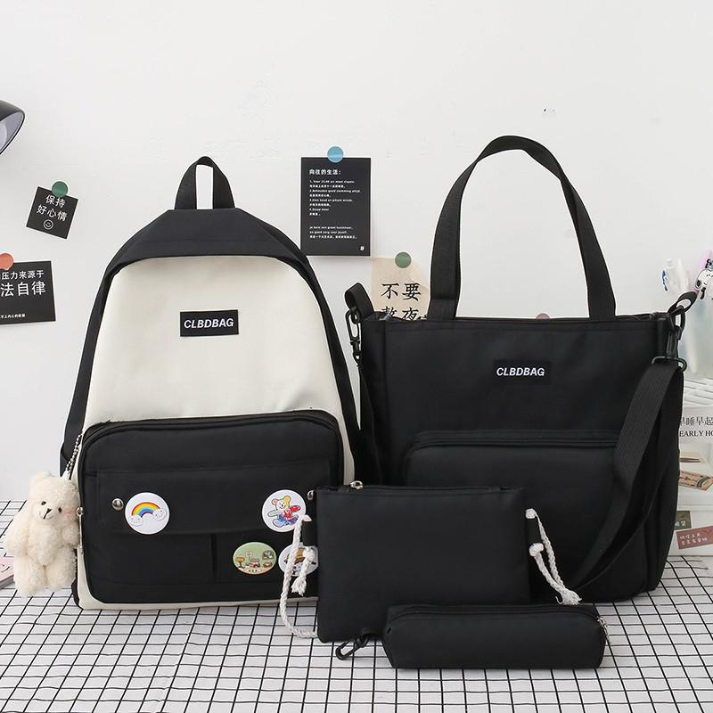 Kawaii 4 delar set skolväskor för tonårsflickor canvas resväska kvinnor bokväskor student skolväska ryggsäck mochila: Svart