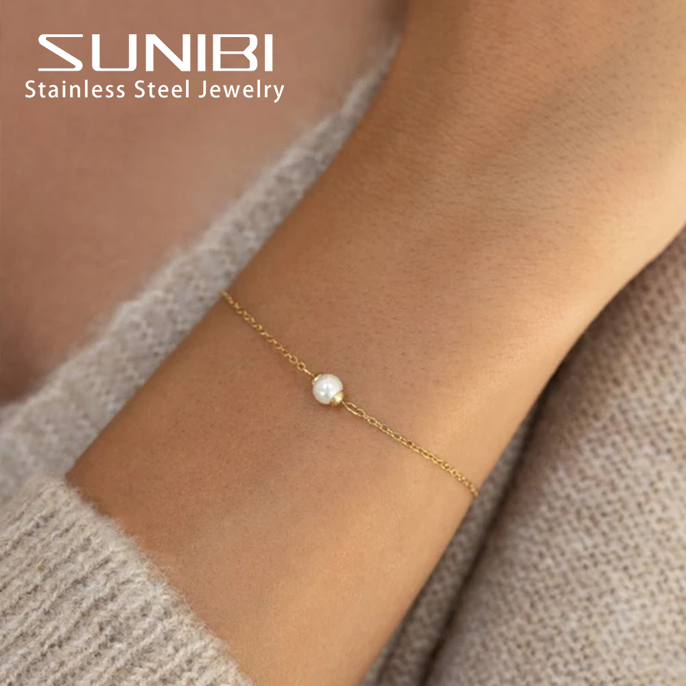 Sunibi Rvs Armband Voor Vrouwen Zeeschelp Gesimuleerd-Parel Ultra Dunne Kettingschakel Armband Sieraden