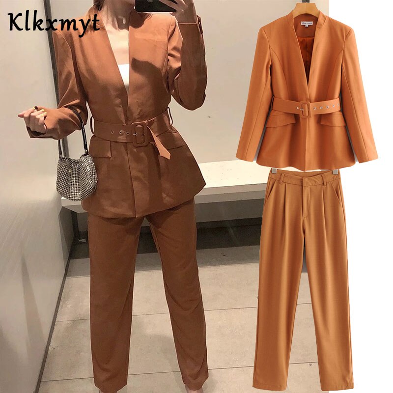 Klkxmyt za pak dames kantoor met riem dame blazer jas en broek 2- delige set vrouwelijke herfst casual pakken outfits