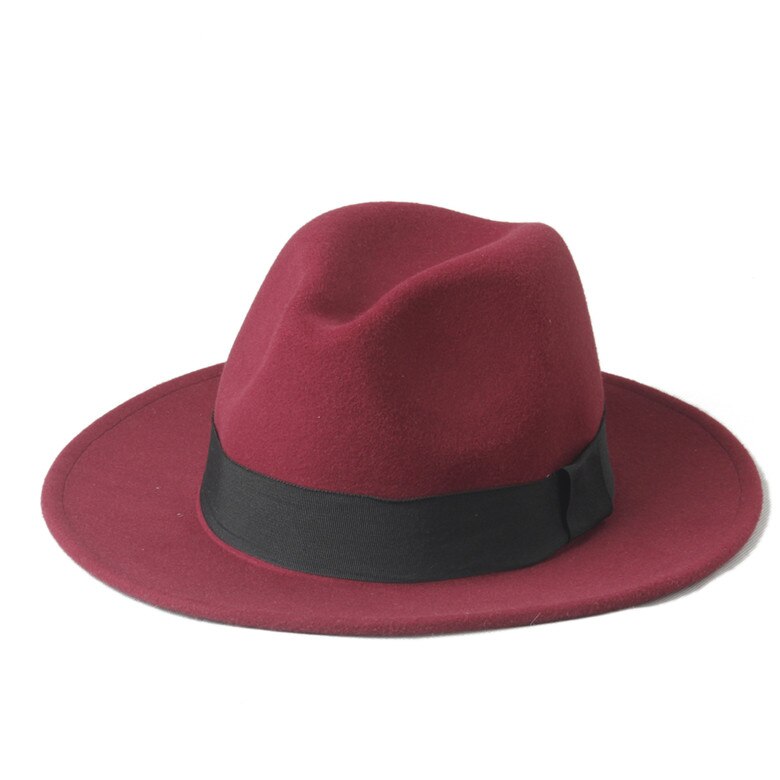 100%  uld bred rand vinter efterår mænd følte trilby fedora hat til gentleman top cloche panama sombrero cap 58cm: Rødvin
