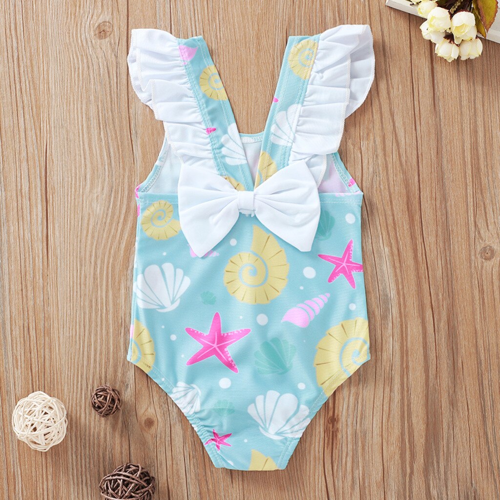Swimsuit For Girls One-Piece Sleeveless Cartoon Print Ruffle Shoulder Strap Bikini Beachwear Bathing Children's Swimwear