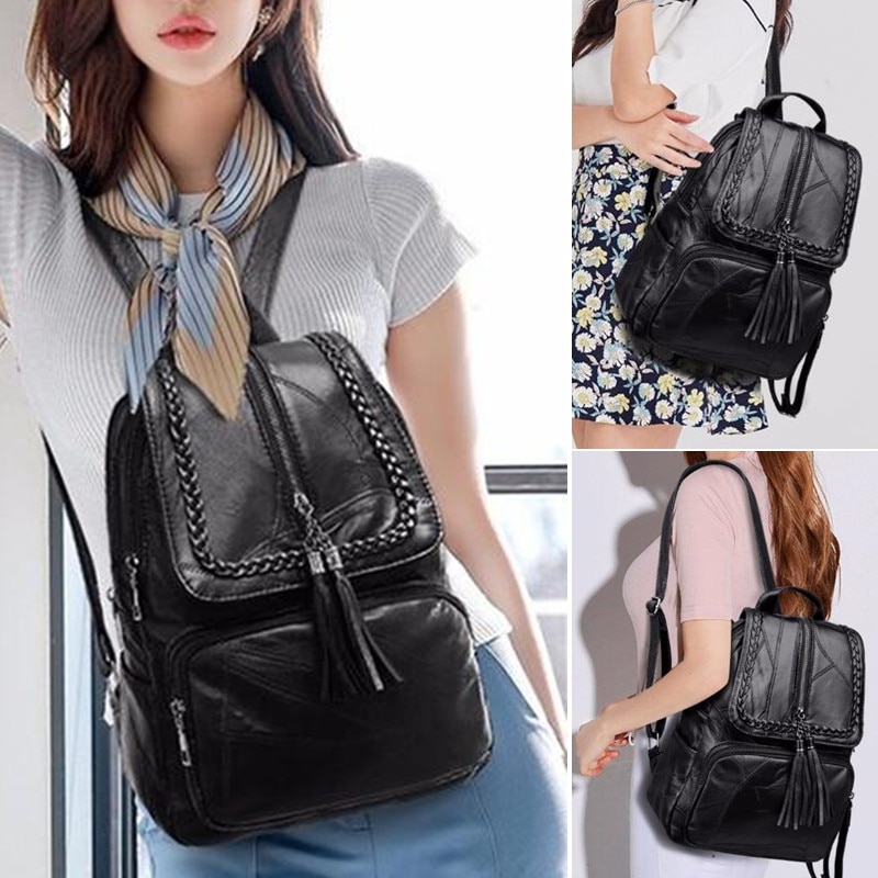 Women's PU leather backpack School bag classic black waterproof travel multi-function Shoulder bag