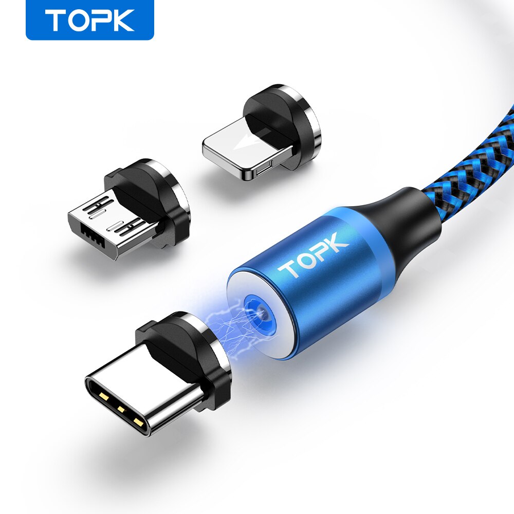 Magnet ladekabel 3 in 1 topk 360 rotation magnet telefon ladekabel mit led-licht für micro usb typ c kabel: Black / > 12 mt